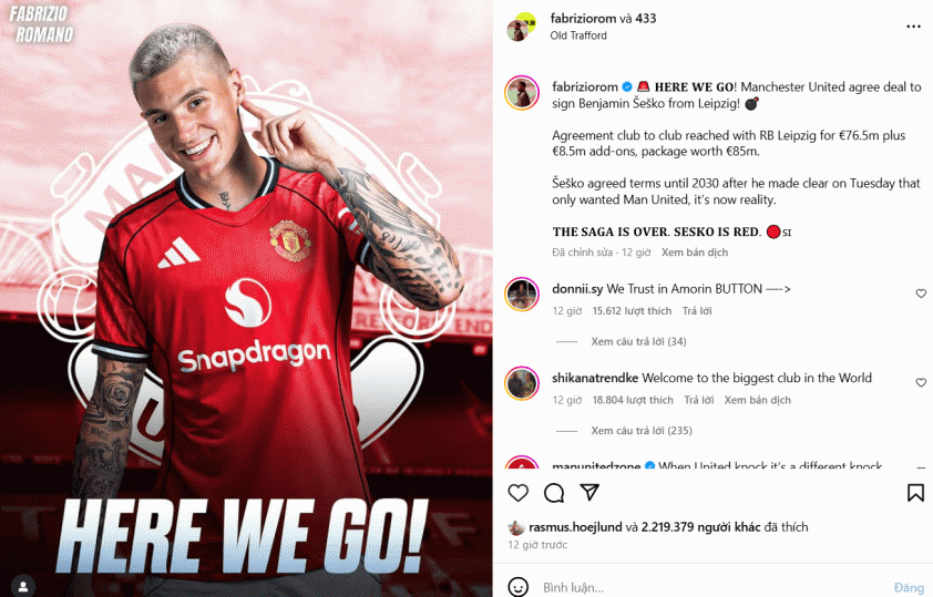 Ngôi sao Man United phản ứng đầy bất ngờ về thương vụ Sesko 680390