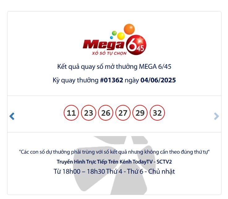 Vietlott 6/6/2025 - Kết quả xổ số Vietlott Mega 6/45 và Max 3D ngày 6/6/2025 645855
