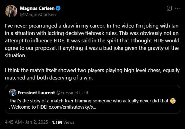 Magnus Carlsen lên tiếng về cáo buộc dàn xếp tỉ số 577616
