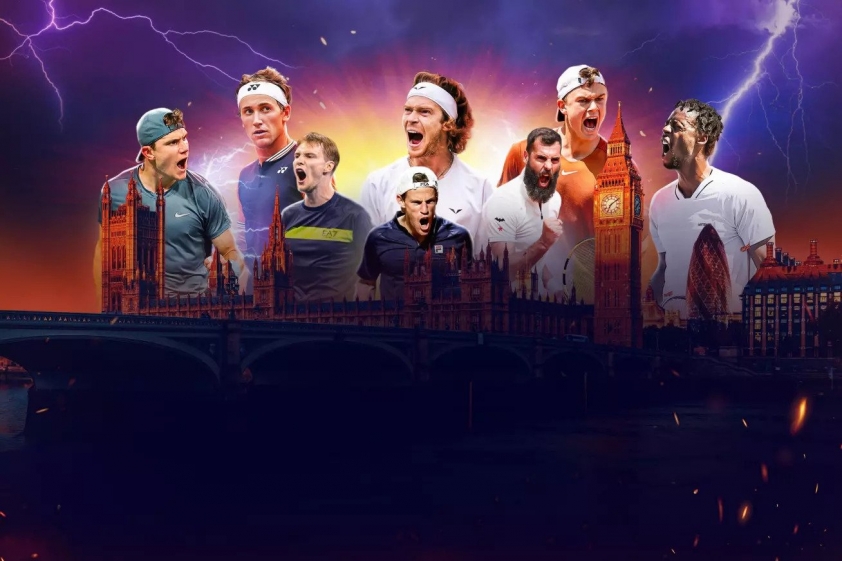 8 tay vợt tham dự UTS 2023, từ trái qua phải: Jack Draper, Casper Ruud, Alexander Bublik, Andrey Rublev, Diego Schwartzman, Benoit Paire, Holger Rune và Gael Monfils