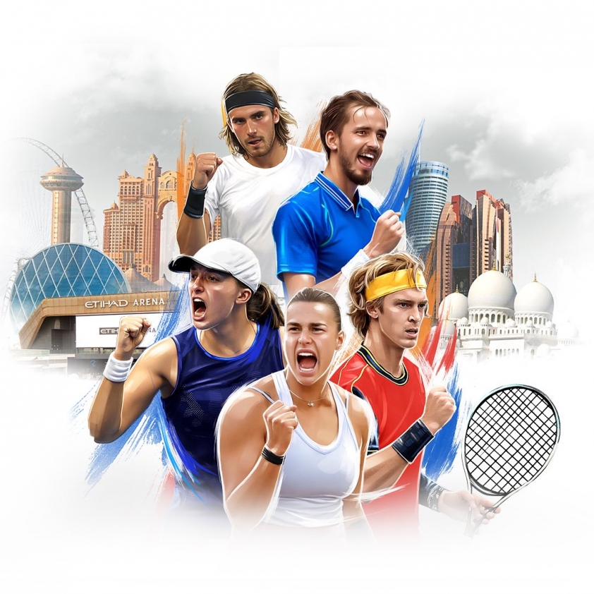Poster giải World Tennis League, từ trái qua phải, trên xuống dưới: Stefanos Tsitsipas, Daniil Medvedev, Iga Swiatek, Aryna Sabalenka và Andrey Rublev
