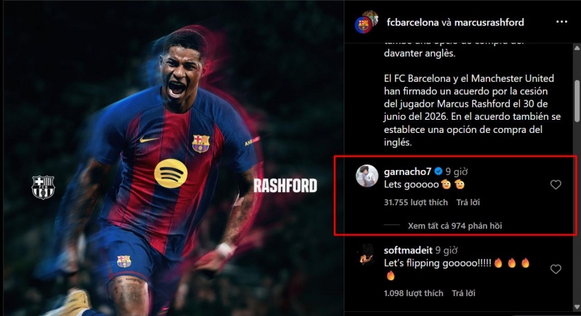 Garnacho phản ứng mạnh mẽ khi Rashford gia nhập Barcelona 671033