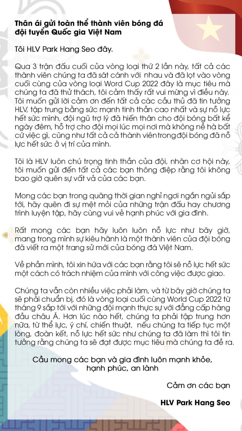 HLV Park Hang Seo viết thư cảm ơn ĐT Việt Nam 56889