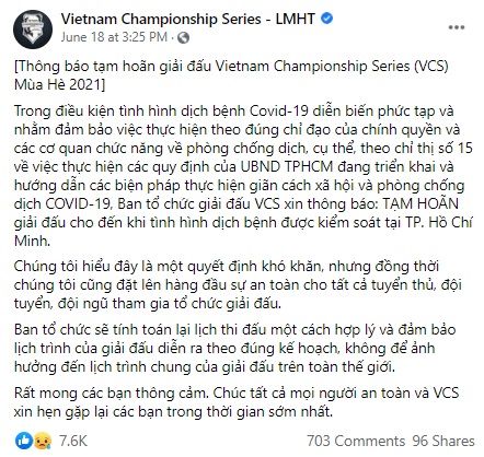 Giải đấu VCS mùa hè 2021 tạm hoãn vì dịch bệnh COVID-19