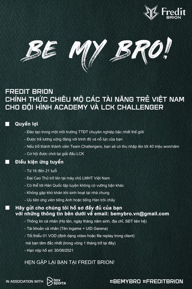 Fredit Brion chiêu mộ tài năng trẻ Việt Nam cho đội hình Academy và LCK Challenger 68644