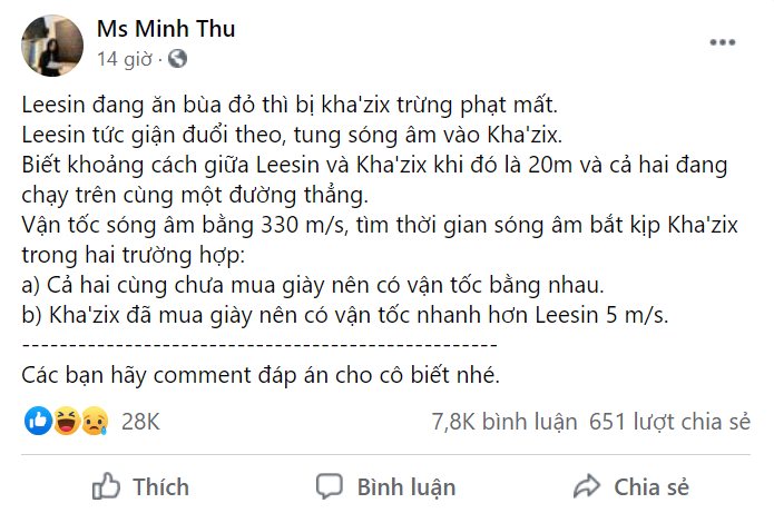 Đề bài của cô giáo Minh Thu: tính vận tốc sóng âm của lee sin trong lmht