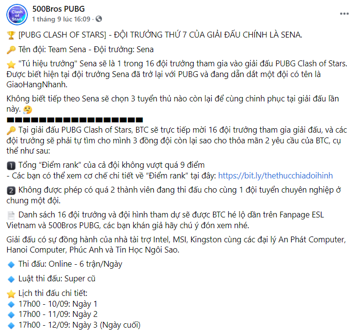 Giải đấu PUBG công bố khách mời Sena