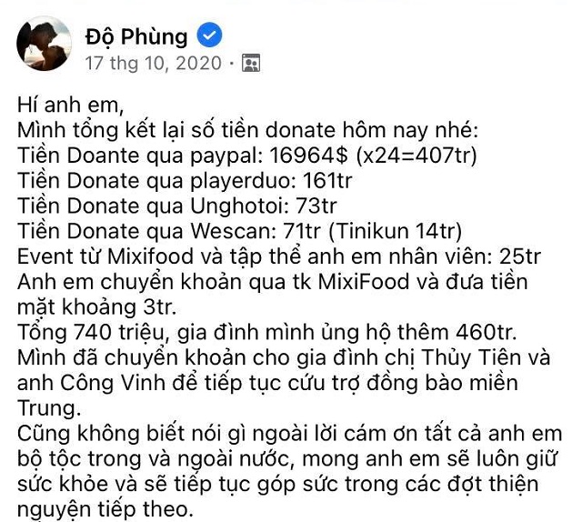 Độ Mixi tổng kết số tiền từ thiện ủng hộ đồng bào miền Trung