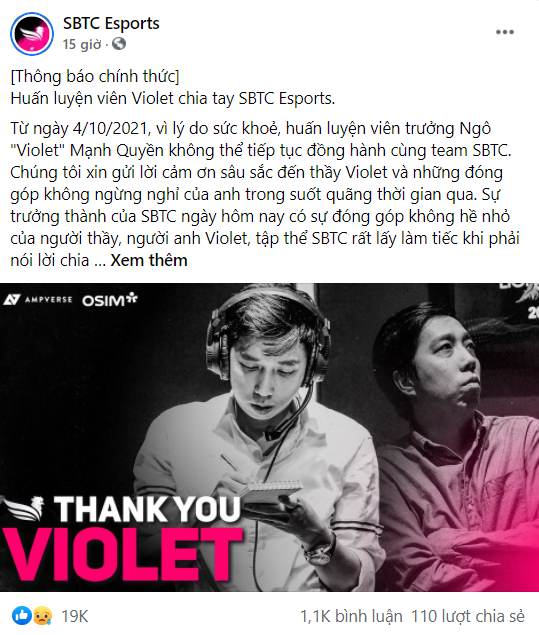 Thông báo chia tay HLV Violet của SBTC Esports