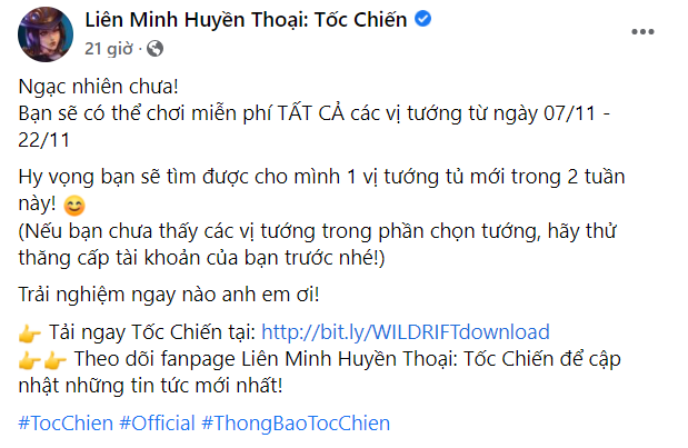 Thông báo từ fanpage LMHT: Tốc Chiến