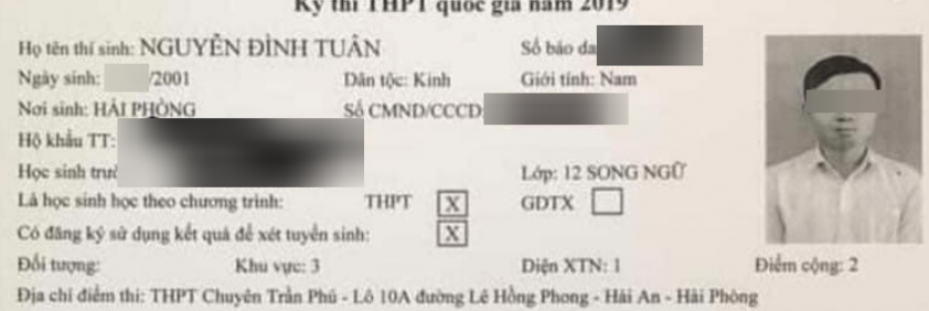 Và giấy báo dự thi của anh tại kỳ thi THPT Quốc gia năm 2019