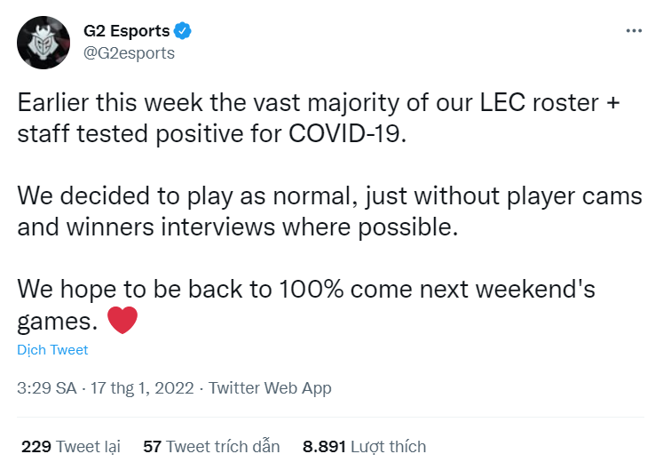 Thông báo từ G2 Esports