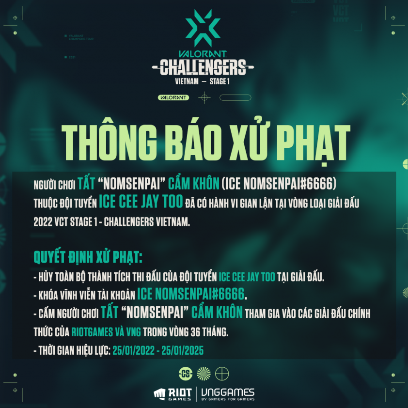 Thông báo xử phạt NOMSENPAI từ ban tổ chức