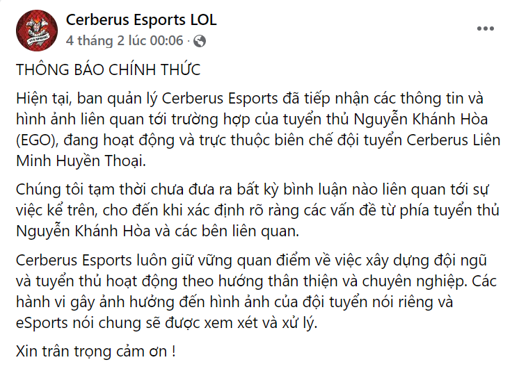 Thông báo chính thức từ CERBERUS Esports