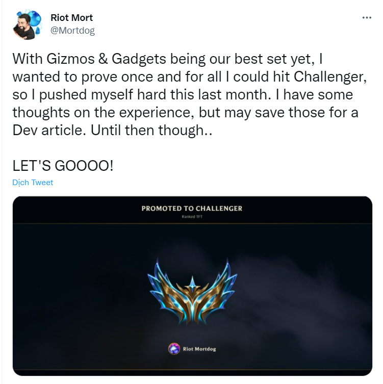 Riot Mortdog khoe tài khoản rank Thách Đấu trên trang Twitter cá nhân