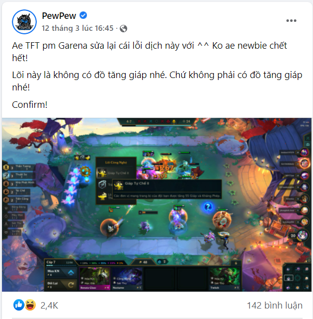 PewPew nhờ viewer báo cáo lỗi cho nhà phát hành Garena