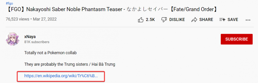 Các Youtuber chú thích chị em nakyoshi Saber được lấy cảm hứng từ Hai Bà Trưng