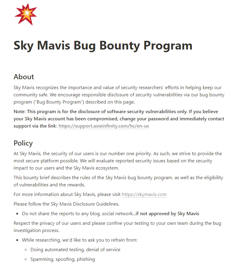 Sky Mavis công bố Bug Bounty Program đầu tiên