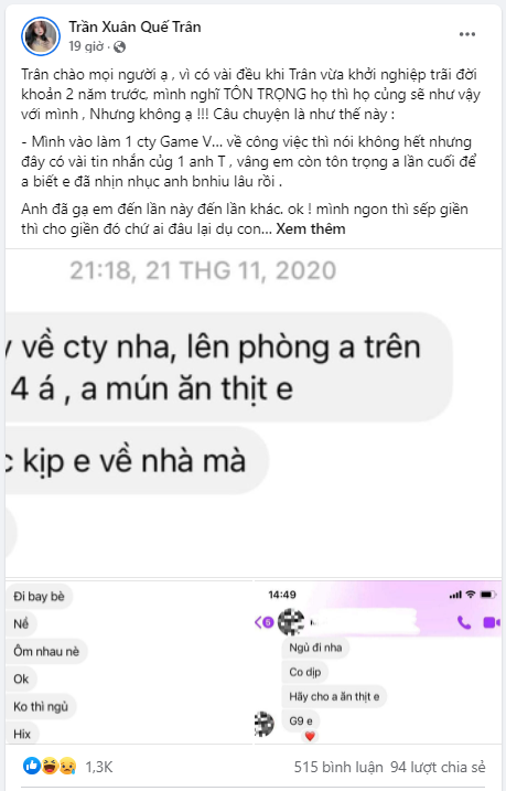 Bài đăng của nữ streamer Trần Xuân Quế Trân
