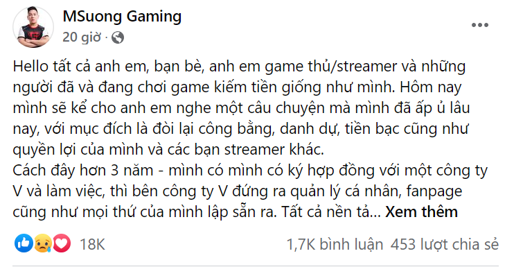 Bài đăng của MSuong Gaming thu về 18 ngàn lượt tương tác chỉ sau 1 ngày