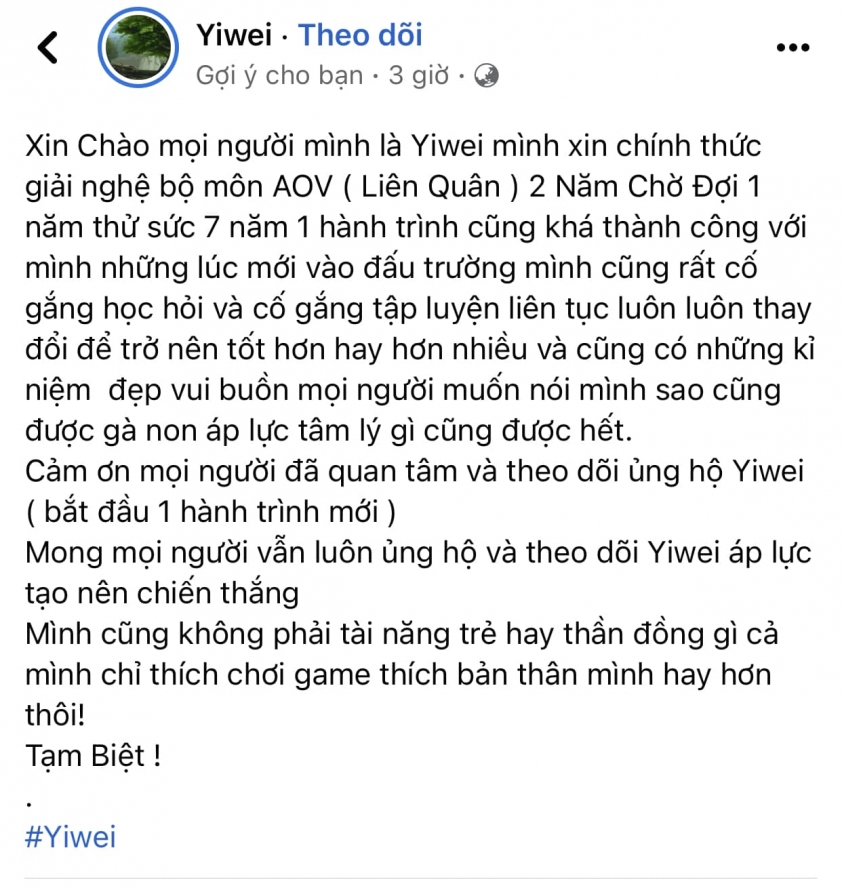 Liên Quân Mobile: Tuyển thủ SGP Yiwei tuyên bố giải nghệ 240977