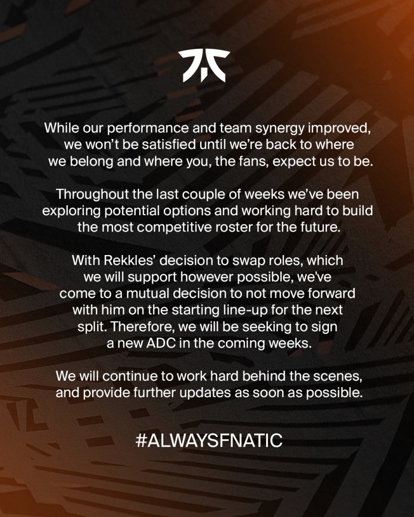 Fnatic cho Rekkles ngồi dự bị vì đổi từ xạ thủ xuống chơi hỗ trợ 274530