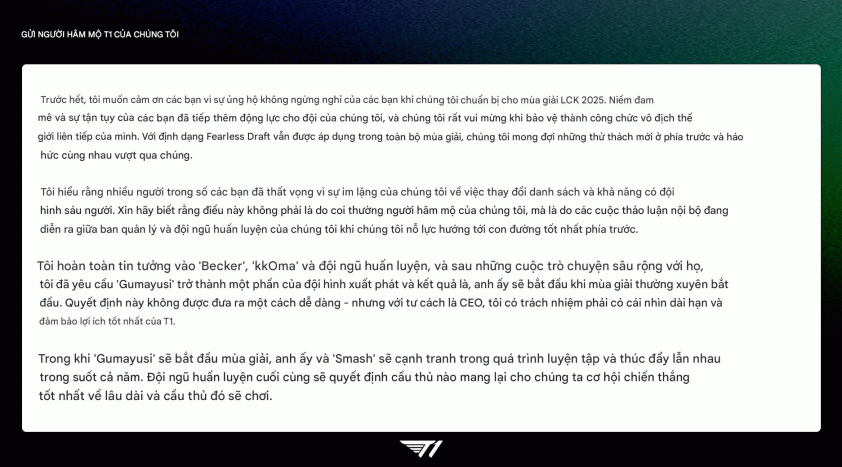 T1 ra thông báo quan trọng về Gumayusi và Smash 607514T1 ra thông báo quan trọng về Gumayusi và Smash 607514