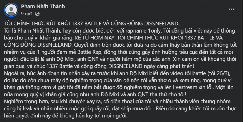 Sau drama Độ Mixi, rapper 1ONLY có động thái đặc biệt 611826