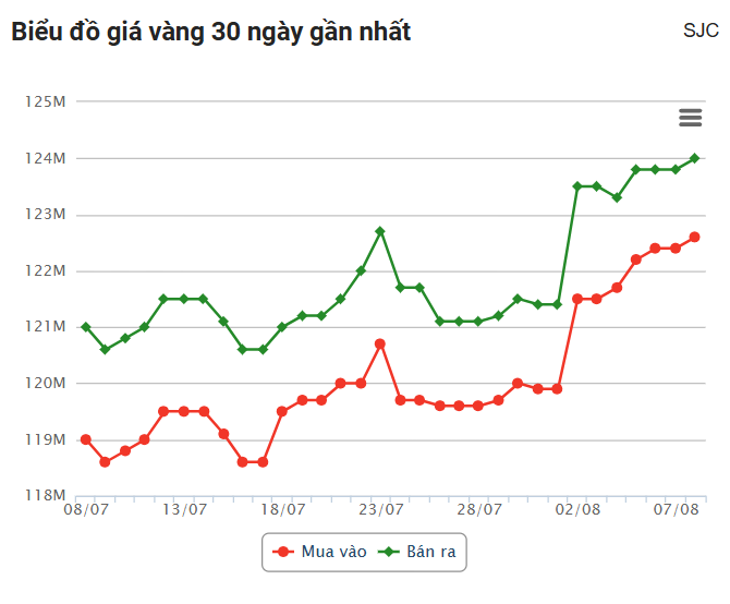 Giá vàng hôm nay chiều 8/8: Vàng nhẫn SJC bật tăng mạnh 680633