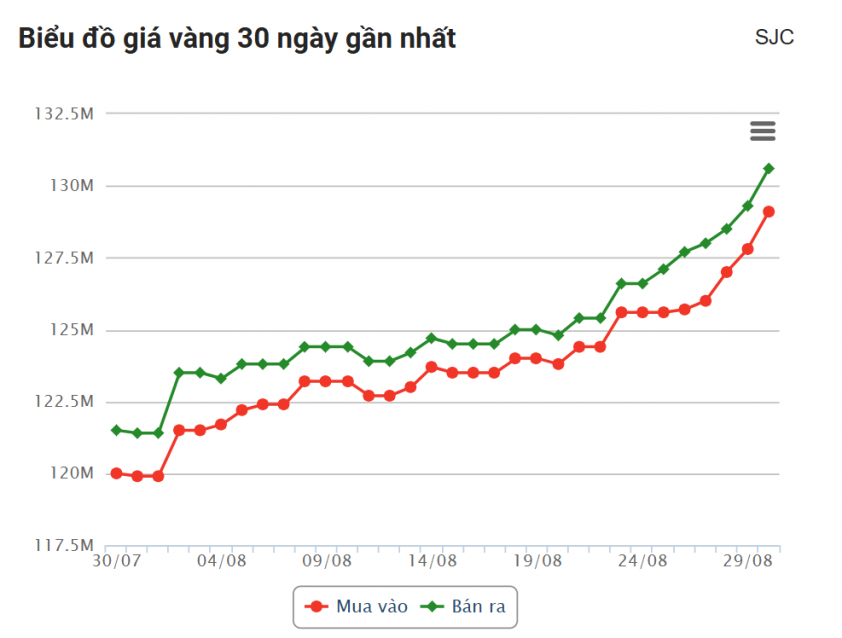Giá vàng hôm nay trưa 30/8: SJC lại tăng dựng đứng 695029