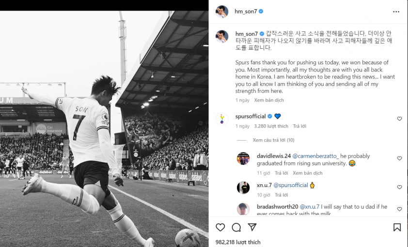 Son Heung-min lần đầu lên tiếng sau thảm kịch tại quê hương Hàn Quốc 211522
