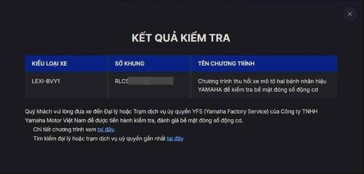 Hướng dẫn kiểm tra số khung xe máy Yamaha nằm trong diện triệu hồi 601554