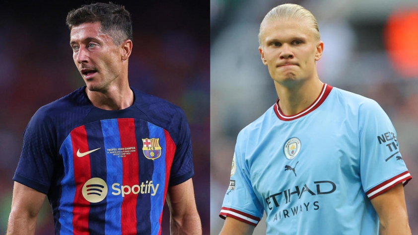 Hai trung phong xuất sắc hàng đầu thế giới Lewandowski và Haaland sẽ có màn đối đầu nhau trên sân Nou Camp. Ảnh: Internet.