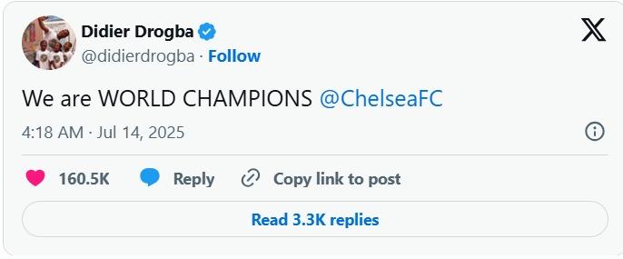 Lời chúc của Drogba dành tới Chelsea (Nguồn: X)