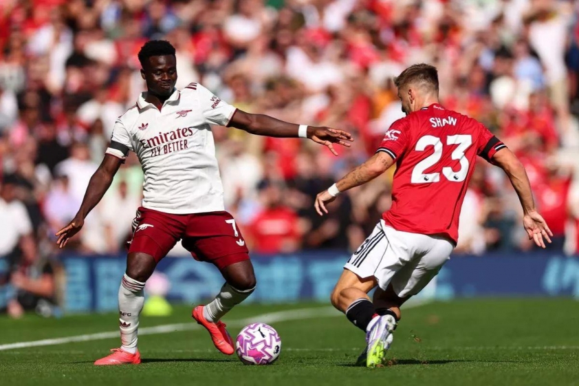 Luke Shaw đã khóa chặt Bukayo Saka ở trận mở màn Premier League (Ảnh: MEN).