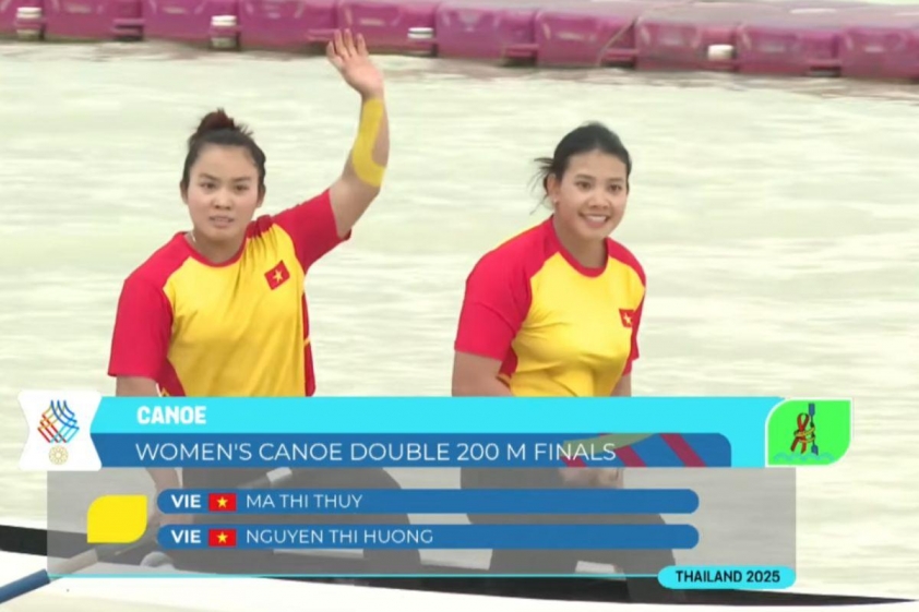 Nguyễn Thị Hương và Ma Thị Thùy xuất sắc giành HCV nội dung đôi nữ Canoeing cự ly 200m (Ảnh: chụp màn hình).