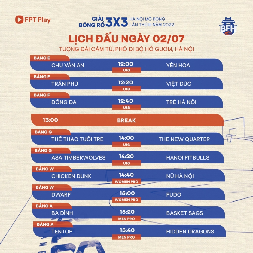Lịch thi đấu giải bóng rổ 3x3 Hà Nội mở rộng 2022 ngày 2/7 153868