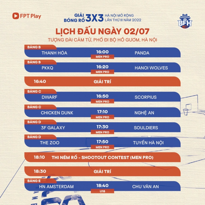 Lịch thi đấu giải bóng rổ 3x3 Hà Nội mở rộng 2022 ngày 2/7 153869