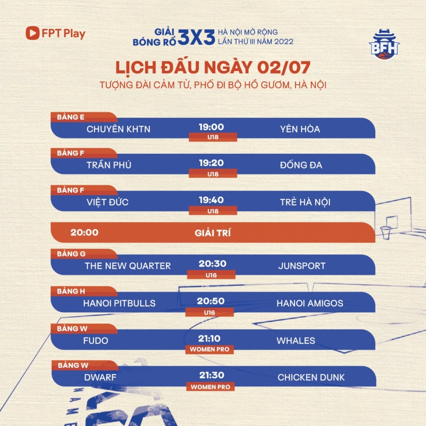 Lịch thi đấu giải bóng rổ 3x3 Hà Nội mở rộng 2022 ngày 2/7 153872