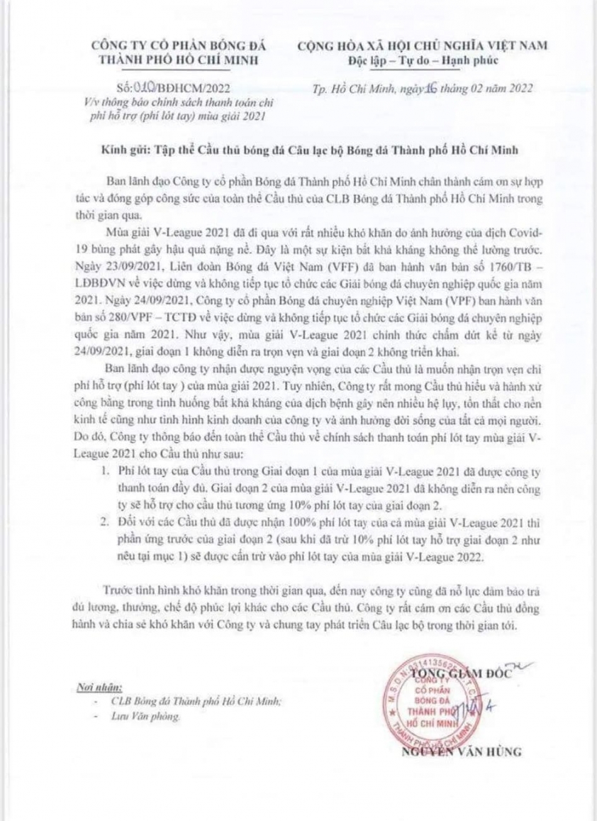 CLB TP Ho Chi Minh cat tien lot tay no cau thu