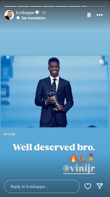 Phản ứng của đồng đội khi Vinicius nhận FIFA The Best 2024 570936