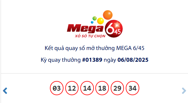 Vietlott 6/8/2025 - Kết quả xổ số Vietlott Mega 6/45 ngày 6/8/2025 679513