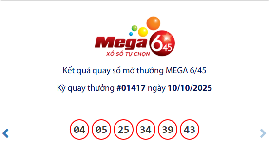 Vietlott 10/10/2025 - Kết quả xổ số Vietlott Mega 6/45 ngày 10/10/2025 719942