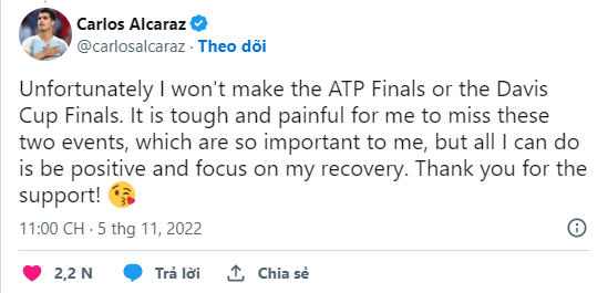 Carlos Alcaraz lỡ hẹn với ATP Finals 2022 vì chấn thương 214114