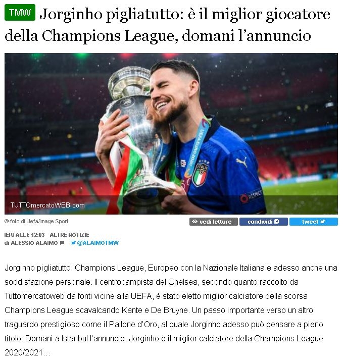 Jorginho, Chelsea, Cầu thủ xuất sắc nhất năm UEFA, bốc thăm Cúp C1