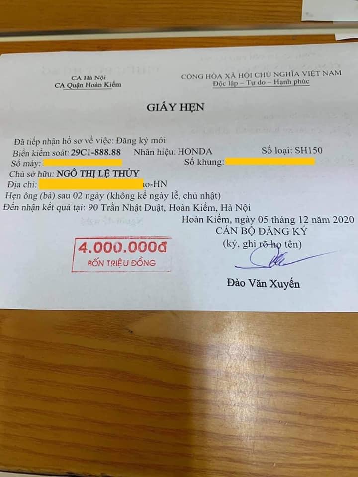 giấy hẹn nhận kết quả đăng ký biển