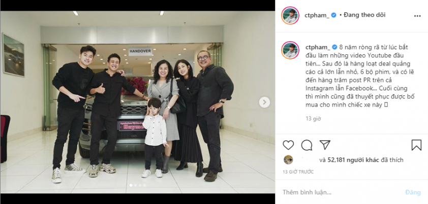 Huyme đăng ảnh cùng gia đình tại buổi lễ nhận xe trên trang mạng xã hội Instagram