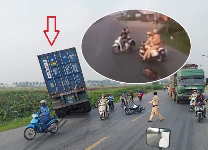 Hai cô gái bỏ chạy CSGT khiến xe container lao xuống ruộng