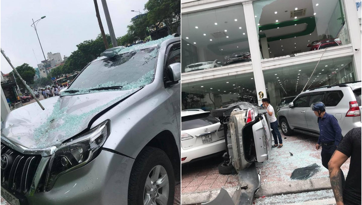 Toyota Vios “bay” từ tầng 2 showroom xe xuống đất
