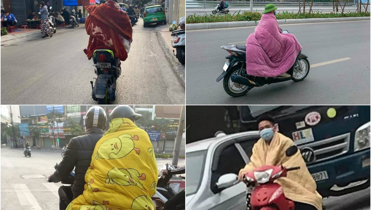 Hình ảnh người dân 'chùm chăn' kín mít, lái xe trên đường
